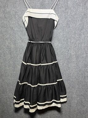 Black Tiered Spaghetti-Strap Dress with Cream Trim